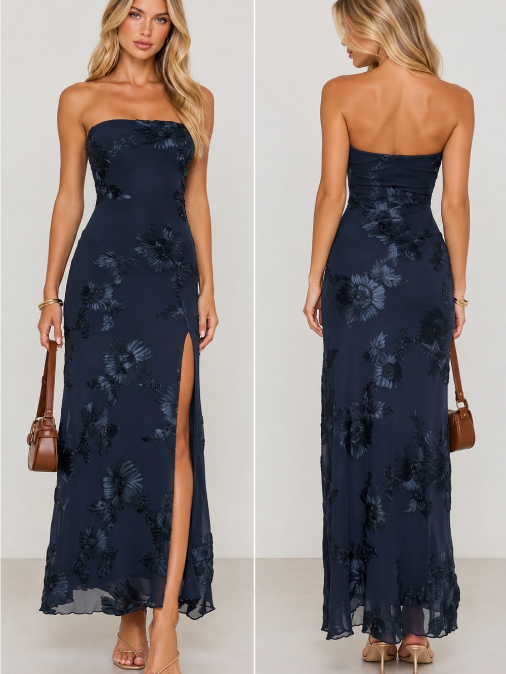 Princess Polly Strapless Navy Floral Appliqué Maxi Dress